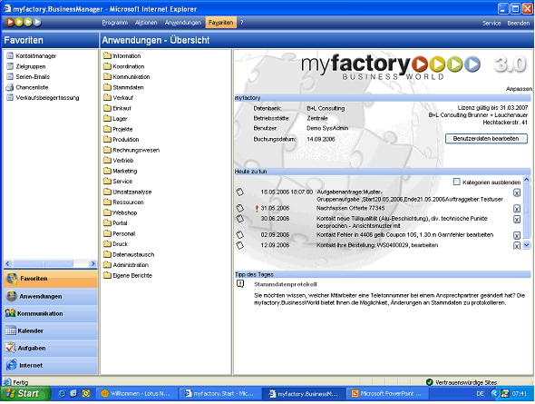 Abb. 2: Personalisierte Startseite von myfactory.