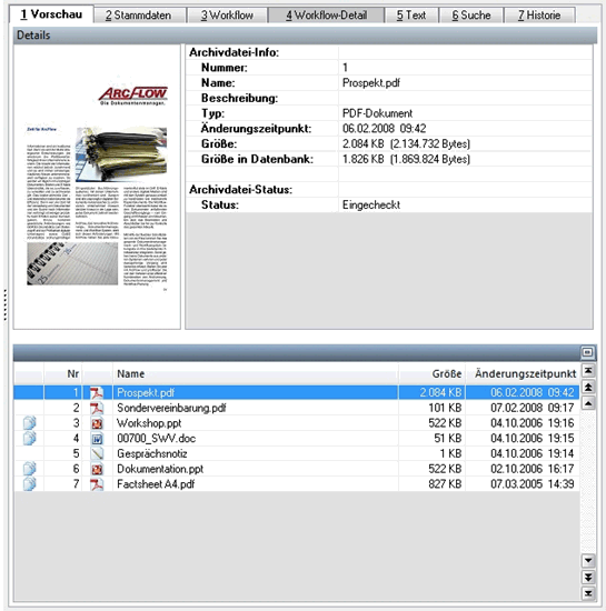 Abb. 2: Das Vorschaufenster zeigt Details zu sämtlichen Dokumenten an, die zu einem bestimmten Vorgang gehören, wie beispielsweise Änderungszeitpunkt, Größe und Dateityp. Abb. 2: Das Vorschaufenster zeigt Details zu sämtlichen Dokumenten an, die zu einem bestimmten Vorgang gehören, wie beispielsweise Änderungszeitpunkt, Größe und Dateityp.