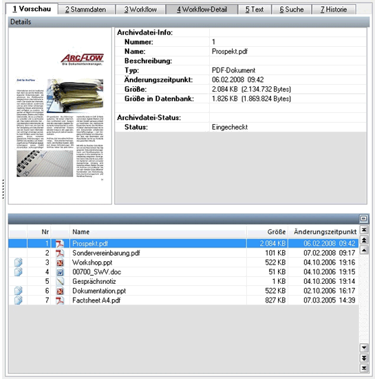 Abb. 2: Das Vorschaufenster zeigt Details zu sämtlichen Dokumenten an, die zu einem bestimmten Vorgang gehören, wie beispielsweise Änderungszeitpunkt, Größe und Dateityp.