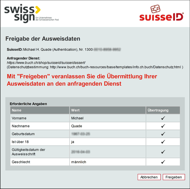 Abb. 3: Freigabe der Ausweisdaten für buch.ch