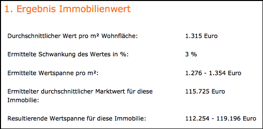 Abbildung 4: Beispielberechnung des Immobilienwertes mittels der Onlineimmobilienbewertung