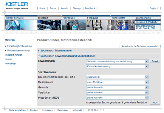 Abb. 1: Der Produktfinder auf www.kistler.com