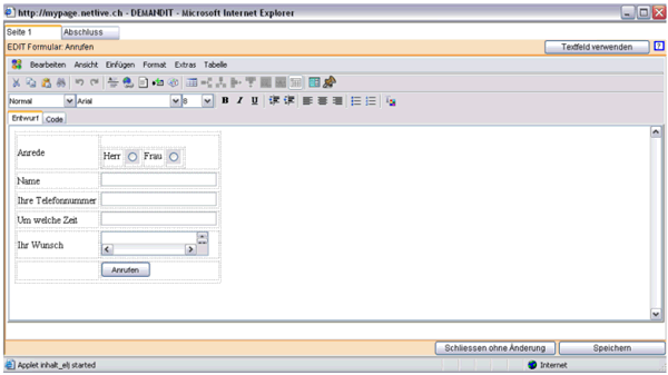 Abbildung 2: Gestaltung des Formulars im Content-Editor. 