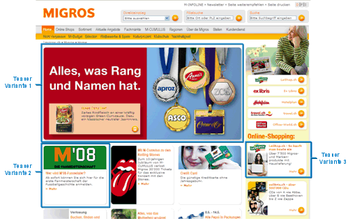 Abb. 2: Screenshot von www.migros.ch mit verschiedenen Varianten von Teasern