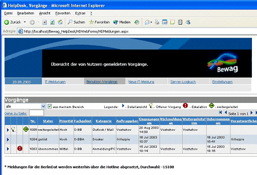 Abbildung 2: Übersicht der Störungsmeldungen im Intranet