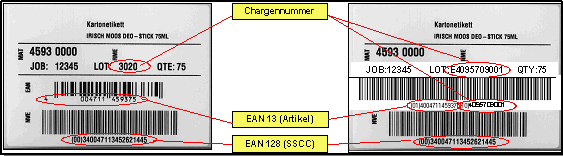 Abbildung 4: Vergleich altes (links) und neues Etikett für einen Originalkarton (Artikel- und Chargenrein)