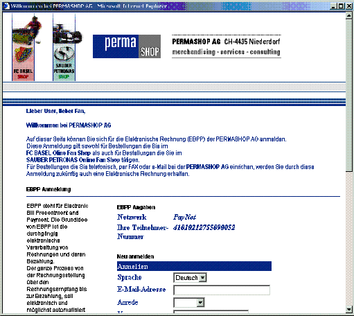 Abbildung 3: Anmeldung für PayNet-Rechnungen von PERMASHOP