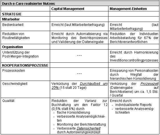 Tabelle 4-1: electronic Capex Reporting (e-Care) - realisierter Nutzen