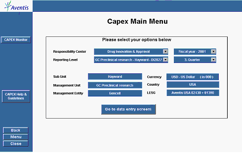 Abbildung 4-3: Hauptmenü des Capex Data Communication Tools