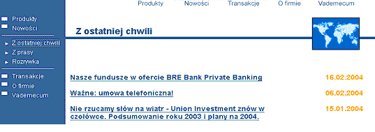 Abbildung 4 2: Ausschnitt aus dem polnischen Webauftritt der Union Investment mit aktuellen Pressemitteilungen