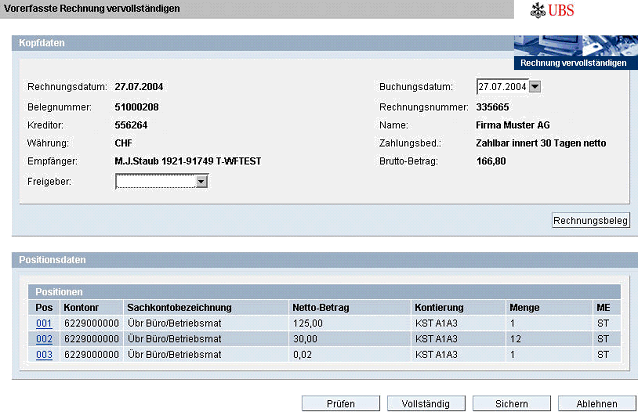 Abb. 4: Kontrolle und Kontierung einer E-Rechnung ohne Bestellbezug via Webbrowser