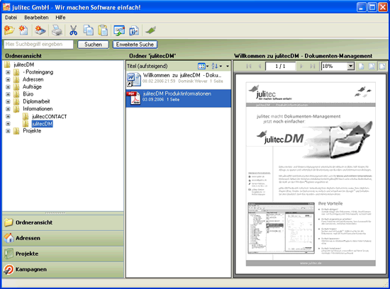 Abb. 1: Wie der Windows Explorer zeigt der julitecDM Explorer eine Ordnerstruktur mit Dokumenten und einer Vorschauansicht Abb. 1: Wie der Windows Explorer zeigt der julitecDM Explorer eine Ordnerstruktur mit Dokumenten und einer Vorschauansicht